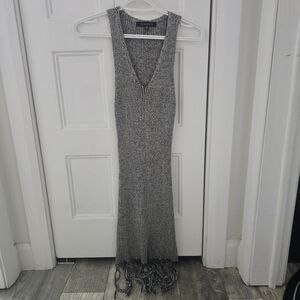 Dynamite Gray Ribbed V-Neck Maxi Dress with Fringe Hem
